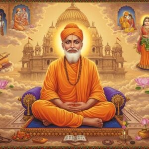 A serene portrait of Saint Ramananda in traditional saffron robes seated in padmasana on a beautifully carved stone platform, radiating divine golden aura. His eyes are closed in meditation, with a peaceful smile and a tilak on his forehead. In the background, a large ornate temple architecture in Nagara style with detailed carvings merges with mystical clouds. Multiple ethereal vignettes float around him: one showing him teaching disciples of all castes, another depicting Lord Rama and Sita whom he worshipped. The scene includes intricate Madhubani-style border patterns featuring Ram-naam and lotus motifs. The color palette combines deep saffron, golden yellows, and peaceful blues. Soft light streams through the clouds, creating a divine atmosphere. The art style seamlessly blends traditional Indian miniature painting techniques with modern digital art aesthetics, incorporating subtle sacred geometry patterns and mandalas. In the foreground, symbolic elements like a japmala, sacred texts, and floating lotus flowers add depth. The overall composition suggests spiritual wisdom, inclusivity and devotion.