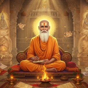 A serene Indian sage with a luminous aura, dressed in saffron robes, seated in padmasana on an ornate marble platform. He has a flowing white beard, tilak on forehead, and radiates wisdom. The background features a grand ancient North Indian temple architecture with intricate Nagara-style spires. Multiple translucent historical scenes float like ethereal vignettes around him - showing him teaching disciples, writing Sanskrit texts, and performing rituals. The composition includes mystical elements like floating sacred threads, ceremonial fire, and Vaishnava symbols rendered in golden light. The color palette combines deep saffron, celestial blues, and metallic golds. Sacred geometry patterns and mandalas emerge from ancient manuscripts that surround him. The art style merges traditional Madhubani patterns with modern digital art techniques, creating a surreal, timeless atmosphere. Soft rays of divine light filter through temple windows, illuminating dust particles in the air. The scene is framed by ornate pillars with relief carvings depicting scenes from the Ramayana.