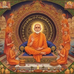 A serene elderly saint Ramananda in saffron robes seated in padmasana on an intricately carved marble platform, radiating golden divine light. Behind him, a large ornate mandala in deep maroon and gold showcases the Ram-nama. Multiple ethereal figures of his disciples including Kabir, Ravidas, and other saints from different castes form a spiral pattern around him, each holding lotus flowers. The background features a stylized Varanasi ghat with the Ganga river rendered in peacock blue with floating diyas. Intricate Madhubani-style patterns in gold form the border, incorporating symbols of both Vaishnavism and Bhakti movement. The scene is bathed in warm, mystical light with floating flower petals and subtle smoke from incense. The art style combines traditional Indian miniature painting techniques with modern digital art aesthetics, featuring rich jewel tones and metallic accents. Small vignettes in each corner show scenes of devotees singing bhajans, temple worship, and spiritual discussions, all connected by flowing lines of divine energy.
