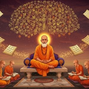 A serene scene depicting Saint Ramananda seated in padmasana on an ornate marble platform, wearing saffron robes with intricate Madhubani-style patterns. He's surrounded by floating, illuminated manuscripts in Sanskrit and Awadhi, their pages gently swirling with golden light. Behind him, a large tree of knowledge grows, its branches formed by intertwining calligraphy in various Indian scripts. The tree bears fruits shaped like books and scrolls. At his feet, disciples in traditional Indian attire are writing on palm leaves. The background features a gradient from deep maroon to peacock blue, adorned with subtle mandala patterns. Soft, ethereal light bathes the scene, creating a mystical atmosphere. Traditional Indian motifs like lotus flowers and peacocks are integrated into the borders of the floating manuscripts. Digital art style merging traditional Pattachitra techniques with modern fantasy illustration, emphasizing rich colors and intricate details. The overall composition suggests spiritual wisdom flowing from the saint to future generations.