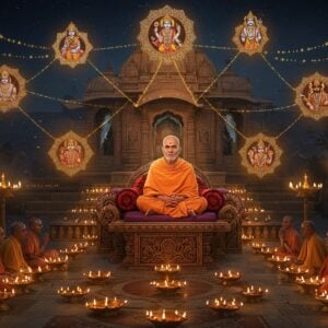 A serene nighttime scene showing an Indian spiritual master in saffron robes seated in padmasana on a carved stone platform, emanating a soft golden aura. Behind him rises an ornate temple architecture with traditional North Indian style incorporating both Vaishnavite and Shaivite elements. The temple features intricate Madhubani-style patterns in deep maroon and peacock blue. Multiple floating mandalas containing the symbols of Ram, Hanuman, and Vishnu hover in the air, connected by streams of golden light. In the foreground, devotees of diverse backgrounds - including women, men, and people of different castes - are shown in traditional Indian attire, symbolizing inclusivity. The scene is illuminated by dozens of brass oil lamps creating a warm, mystical atmosphere. Intricate lotus patterns in gold and saffron weave through the composition. The style combines hyperrealistic digital art with traditional Pattachitra elements, featuring rich textures and elaborate details. The lighting is ethereal with hints of divine radiance, creating a spiritual and welcoming atmosphere. The color palette focuses on deep maroons, saffron, gold, and peaceful blues.