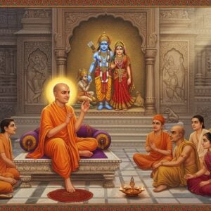 A serene Indian spiritual scene depicting Saint Ramananda in a traditional saffron dhoti, seated in padmasana on an intricately carved marble platform. His face radiates divine wisdom with a gentle smile, surrounded by a subtle golden aura. He gestures teaching mudras with his hands. Before him sit disciples from various social backgrounds - including women and people from different castes, all wearing period-appropriate clothing in muted earth tones. Behind them rises a massive temple architecture with Ram Darbar carved in relief. Lord Ram, Sita, Lakshman and Hanuman are shown in golden silhouettes within an ornate archway. The scene is illuminated by floating diyas creating a warm glow. Decorative Madhubani-style border patterns featuring Ram's symbols - bow and arrow, lotus flowers in peacock blue and deep maroon. Soft rays of morning sunlight filter through, creating a mystical atmosphere. The art style combines traditional Indian miniature painting techniques with modern digital art aesthetics, emphasizing both devotion and social harmony.