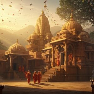 A magnificent ancient Ramanandi temple complex viewed from a dramatic angle, featuring traditional North Indian temple architecture with intricate carved spires and domes in warm sandstone. The main temple has multiple levels with detailed sculptures of Lord Rama, Sita, Lakshmana, and Hanuman on its walls. The foreground shows a serene courtyard with ornate stone pillars and arches adorned with traditional Madhubani-style patterns in deep reds and golds. A group of pilgrims in traditional Indian attire walk through the courtyard, their shadows casting long patterns on the stone floor. The scene is illuminated by the golden light of sunrise, creating a mystical atmosphere with rays of light filtering through the temple architecture. Floating lotus petals and subtle spiritual symbols are scattered in the air. The background features misty mountains and ancient banyan trees with prayer flags. The art style combines photorealistic architectural details with ethereal lighting and surreal elements, rendered in rich colors of saffron, deep maroon, and peacock blue with golden accents. Small oil lamps and incense smoke add layers of depth and spirituality to the scene.