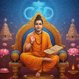 A serene portrait of Sri Ramanuja in his iconic saffron robes seated in padmasana on an ornate golden throne, his right hand raised in chinmudra gesture while his left hand holds ancient palm leaf manuscripts. Behind him, a massive intricate Vaishnava tilak symbol glows in ethereal blue light against a mandala background. The scene features floating vishnu temples with gopurams in a dreamy style. Multiple lotus flowers in pink and white float around him with divine light streaming through them. His face radiates peace and wisdom with a subtle smile, detailed facial features showing his South Indian heritage. The background transitions from deep maroon to celestial blue with subtle Sri Vaishnava symbols like the sankha and chakra etched in gold. Delicate threads of light connect the temples, manuscripts and Ramanuja, symbolizing the spread of his philosophy. Art style merges hyperrealistic digital rendering with traditional Indian temple art motifs, emphasizing both divine and scholarly aspects. The lighting creates a spiritual atmosphere with soft glows and highlights on the gold elements.