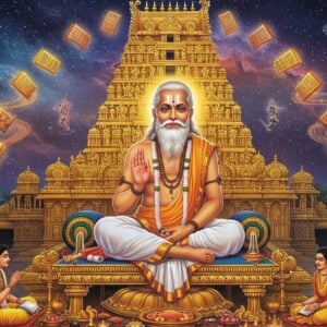 A serene portrait of Ramanuja in traditional white dhoti and upper garment with distinctive Vaishnava tilak and namam on his forehead, seated in padmasana on an ornate golden lotus platform. His elderly face radiates wisdom with a gentle smile, long white beard, and peaceful expression. Behind him rises a massive, intricately carved Vimana of Ranganathaswamy Temple in golden hues. The scene features floating Vishnu symbols - conch, chakra, lotus, and mace - rendered in glowing ethereal light. Swirling Sanskrit manuscripts and vedic texts float around him like a mystical aura. The background shows a cosmic dimension with multiple realms representing Brahman, individual souls, and matter - key concepts of Vishishtadvaita philosophy. The art style blends traditional Indian temple architecture with modern digital art techniques, using a color palette of deep golds, saffron, and celestial blues. Soft divine light emanates from Ramanuja's form, while devotees in miniature scale are shown receiving his teachings at the bottom of the composition. The overall scene should convey both philosophical depth and spiritual devotion.