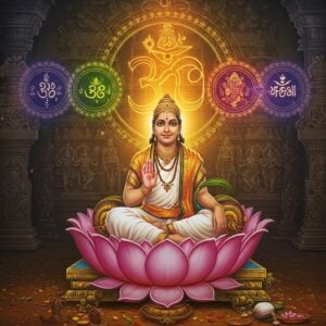 A serene portrait of Sri Ramanuja in traditional white dhoti and angavastram, seated in padmasana on an ornate golden lotus platform, his right hand in chinmudra and left hand holding ancient palm leaves. His face radiates divine wisdom with a peaceful smile, tilak marking prominent. Behind him rises a metaphysical visualization - a large, glowing Sri Vaishnava namam in golden light, with Lord Vishnu's form partially visible within it. Surrounding this central imagery are three concentric circles representing the three tattvas (Ishvara, Chit, Achit) in rich jewel tones of sapphire blue, emerald green, and deep ruby. Ethereal light particles and sacred Tamil scripts float in the background. The scene is framed by intricate Dravidian temple architecture elements in soft focus. Art style combines hyperrealistic digital rendering with traditional South Indian temple art aesthetics, featuring a color palette of gold, saffron, ivory, and deep blues. Subtle floating lotuses and vedic symbols add layers of spiritual symbolism. The lighting creates a divine atmosphere with soft golden rays emerging from behind Ramanuja's form.