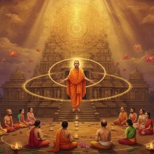 A serene scene depicting Sri Ramanuja in his iconic saffron robes and tilak, standing atop the temple steps of Srirangam, his arms spread wide in a welcoming gesture. Behind him, a large, intricate golden mandala glows softly. People from different castes - including Brahmins, merchants, farmers, and laborers - all dressed in period-appropriate Indian attire, are seated together in concentric circles around him, symbolizing equality. The lighting creates a divine atmosphere with warm golden rays streaming down. Traditional Madhubani-style patterns decorate the temple architecture, while floating lotus flowers in various stages of bloom surround the scene. The color palette features deep maroons, saffron, and peacock blue with subtle gold accents. Multiple translucent rings of light emanate from Ramanuja, connecting all the people together. The temple architecture shows detailed South Indian styling with intricate carvings and gopurams. The overall composition suggests unity, wisdom, and spiritual enlightenment, with a dreamy, ethereal quality enhanced by soft glowing orbs of light.