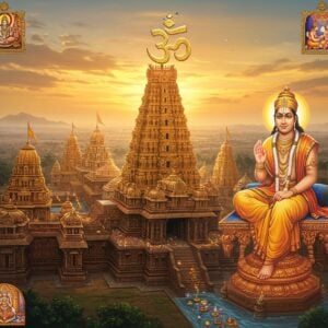 A majestic aerial view of Sriperumbudur temple complex at sunrise, rendered in rich gold and saffron hues, with intricate Dravidian architecture featuring ornate gopurams and mandapas. In the foreground, a luminous, ethereal figure of Ramanuja in traditional white dhoti and angavastram, seated in padmasana on a lotus platform, with his right hand in chinmudra and left hand holding a sacred text. Behind him, a large, glowing Sri Vaishnava namam symbol radiates golden light. The scene is adorned with floating lotus flowers, subtle mandalas, and flowing water elements in peacock blue. Multiple small vignettes in Madhubani style show scenes from his life - teaching disciples, performing temple rituals, and writing philosophical texts. The lighting is mystical with soft morning rays creating a divine atmosphere. The architectural details feature authentic Tamil Nadu temple elements with detailed stone carvings and sculptures. The overall composition combines hyperrealistic temple architecture with ethereal spiritual elements in a balanced, serene aesthetic.