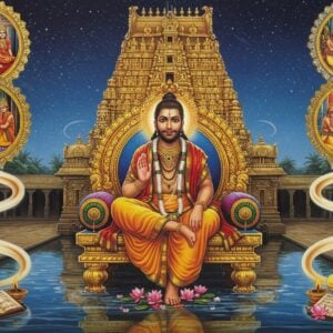 A majestic portrait of Sri Ramanuja in traditional white dhoti and upper cloth, seated in padmasana on an ornate golden throne, his hands in chin mudra. His face radiates divine wisdom with a serene expression and traditional namam tilak. Behind him rises a massive, intricately carved Vimana of Srirangam temple in gold and deep vermillion, with water reflections below. On either side, ethereal scenes float in circular mandala frames - one showing disciples studying sacred texts under a banyan tree, another depicting devotees performing elaborate temple rituals. Surrounding the composition are flowing ribbons of Sanskrit scriptures transforming into blooming lotus flowers. The background features a subtle gradient from deep peacock blue to soft gold, with delicate Tamil architectural motifs. Glowing orbs of light and swirling energy patterns create a mystical atmosphere. The art style combines hyperrealistic detail with traditional South Indian temple art elements, featuring rich colors like deep maroon, saffron, and gold with hints of turquoise. Divine rays of light emanate from Ramanuja's form, illuminating the entire scene with spiritual radiance.