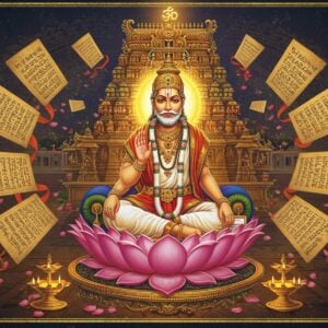 A serene portrait of Sri Ramanuja in traditional white dhoti and uttariyam, seated in padmasana on an ornate golden lotus platform, surrounded by floating, illuminated ancient palm leaf manuscripts. His right hand is raised in chinmudra, while his left hand holds the Vedanta Sutra. Behind him, a massive, intricately detailed Vaishnava temple architecture rises, featuring the signature Vaishnava namam in gold. The scene is bathed in divine light emanating from a central Sri Vaishnava tilak symbol. Multiple ethereal layers show glimpses of his works - Vedanta Dipa, Sri Bhasya, and Gita Bhasya - represented as glowing, translucent sacred texts with Sanskrit verses flowing like golden ribbons. The background features a subtle mandala pattern incorporating both Thiruman and Srichurnam symbols. The art style combines traditional Tanjore painting elements with modern digital art techniques, using a color palette of deep blues, rich golds, saffron, and pure white. Floating lotus petals and divine light particles add a mystical atmosphere. The composition maintains authenticity to historical depictions of Ramanuja while presenting a visually stunning, contemporary aesthetic.