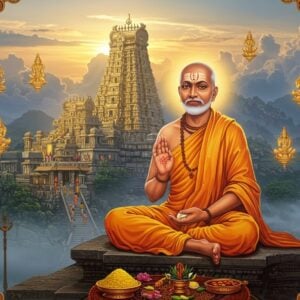 A majestic portrait of Sri Ramanuja in his signature saffron robes and traditional Srivaishnava tilak, seated in padmasana atop the sacred Tirumala hills at dawn. Behind him rises the golden spires of Tirupati temple, radiating divine light. The saint's face shows serene wisdom with a gentle smile, his hands in chinmudra. Ethereal floating mandalas and Vaishnava symbols (conch, chakra) in soft gold surround him. The scene features rich morning mist around the temple hills, with devotees climbing the traditional steps in the background. Intricate Madhubani-style patterns frame the composition, incorporating peacock motifs and lotus designs in deep maroon and turquoise. The lighting is mystical with golden sun rays breaking through clouds, creating a heavenly atmosphere. The art style merges hyperrealistic digital rendering with traditional South Indian temple art aesthetics. The foreground shows symbolic offerings of yellow rice and flowers. The perspective captures both the grandeur of Tirupati and the spiritual authority of Ramanuja in perfect harmony.