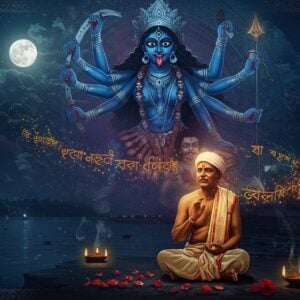 A mystical scene depicting Ramprasad Sen in traditional Bengali dhoti and angavastram, seated cross-legged on a moonlit riverbank of the Ganges, his face illuminated with divine rapture. He's singing with eyes half-closed, one hand raised in devotion. Behind him, a large, ethereal form of Goddess Kali emerges from a swirling mandala pattern, rendered in deep blues and crimson. The Goddess has four arms, wearing a garland of skulls, her tongue out, but portrayed with maternal compassion rather than ferocity. Sacred Sanskrit verses float as golden light particles around Ramprasad. The foreground shows scattered red hibiscus flowers and oil lamps. The scene is rendered in a fusion of Kalighat pat painting style and modern digital art, with deep indigos, crimsons, and gold as dominant colors. Moonlight creates dramatic shadows and highlights. The background features the silhouette of a Bengali temple architecture. Intricate Madhubani-inspired patterns frame the scene, incorporating traditional Bengali motifs and symbols. The overall atmosphere is mystical and transcendental, with subtle light effects and smoke elements creating a dreamlike quality.