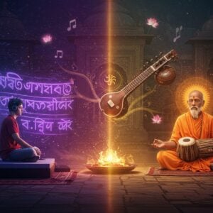 A mystical scene showing a modern Indian recording studio seamlessly blending into a traditional Bengali temple courtyard, divided by ethereal golden light. On one side, a contemporary musician with headphones sits cross-legged on a minimalist platform, surrounded by holographic musical notes in Bengali script glowing in deep purple. On the other side, a historically accurate representation of Ramprasad Sen in traditional Bengali attire sits in meditation, emanating a soft saffron aura. Between them floats an ornate vintage tanpura transforming into a sleek digital synthesizer. The background features intricate Madhubani-style patterns in deep indigo and gold, with floating lotus flowers and Shakti symbols. Modern studio equipment morphs into traditional Indian instruments through swirling energy patterns. Soft ambient lighting with warm golden hues, creates a dreamy atmosphere. The scene is rendered in hyperrealistic digital art style with strong attention to details like fabric textures and light reflections, incorporating both futuristic and traditional elements. The color palette focuses on deep maroons, electric blues, and metallic golds.