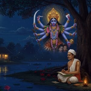A serene nighttime scene showing Ramprasad Sen, depicted as a middle-aged Bengali man with traditional dhoti and angavastra, sitting cross-legged on a riverbank beneath a large peepal tree. He's writing on palm leaves by moonlight, with a small oil lamp beside him. Behind him stands the ethereal, softly glowing form of Goddess Kali in her benevolent aspect, four-armed, wearing a garland of skulls, holding a sword and severed head in her upper hands, and showing varada and abhaya mudras with her lower hands. She appears as if emerging from a swirling pattern of deep indigo and gold mandalas. The scene is framed by blooming red hibiscus flowers and lotus stems. In the background, there's a modest Bengali household with warm light emanating from its windows, suggesting his family life. The artistic style combines traditional Kalighat pat painting elements with modern digital art techniques, using a color palette of deep blues, burgundy, gold, and soft moonlit silvers. Ethereal particles and subtle Shakti yantra patterns float in the air, creating a mystical atmosphere.