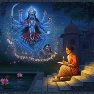 A serene evening scene showing a Bengali poet in traditional dhoti and kurta, sitting cross-legged on a marble temple steps, illuminated by warm golden light. He's writing on palm leaves with intense devotion, while an ethereal, translucent form of Goddess Kali appears above him in a swirl of deep blue and crimson energy. The Goddess has four arms, holding a sword, severed head, and blessing mudras, adorned with a garland of skulls, yet her expression is maternal and loving. Around the poet, floating Bengali scriptural verses transform into magical wisps of light. The background features a traditional Bengali temple architecture with intricate Pattachitra-style patterns. Lotus flowers float in a nearby pond, reflecting moonlight. The color palette combines deep indigos, rich crimsons, and warm golds. Madhubani-style decorative elements frame the scene, with peacocks and vines integrated into the borders. The overall atmosphere is mystical and contemplative, with soft glowing orbs of light floating around the scene like fireflies.