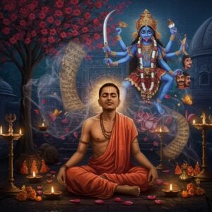 A mystical scene depicting an Indian poet-saint in a traditional Bengali dhoti, seated in deep meditation beneath a blooming crimson Hibiscus tree. His face radiates divine ecstasy, with eyes closed and a serene smile. Around him, ethereal visions of Goddess Kali manifest in swirling, luminescent smoke - she appears with four arms, holding a sword, severed head, blessing mudra, and abhaya mudra, wearing a garland of skulls. The background features a richly detailed Madhubani-style temple architecture with intricate patterns in deep indigo and gold. Floating musical notes and Sanskrit verses transform into golden butterflies around him. The scene is illuminated by multiple oil lamps creating a warm, spiritual glow. The color palette focuses on deep maroons, midnight blues, and burnished gold. Traditional Bengali artistic elements blend seamlessly with modern digital art techniques, creating a surreal, dreamlike atmosphere. Multiple translucent layers show the poet in various states of divine rapture, suggesting his transformation from ordinary man to enlightened soul. Lotus petals and marigold flowers float in the air, suggesting divine presence.