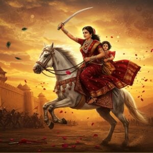A majestic portrait of Rani Lakshmi Bai in dynamic motion, mounted on a white horse leaping through the air, her traditional royal Maharashtrian nauvari saree in deep maroon and gold flowing dramatically. She wields a gleaming sword in her right hand and holds the reins in her left, while her young son is securely strapped to her back. Her face shows fierce determination, adorned with traditional maharashtrian nose ring and jewelry. The background features the walls of Jhansi fort at sunset, with saffron and orange hues illuminating the scene. The composition includes intricate Madhubani-style patterns in the clouds, depicting battle scenes. The horse's decorative armor features detailed gold Pattachitra motifs. Ethereal light emanates from behind her form, creating a divine aura. Scattered rose petals and peacock feathers float in the air, while distant soldiers and British troops are visible in a stylized manner. The art style combines hyperrealistic digital rendering with traditional Indian art elements, emphasizing both historical accuracy and spiritual symbolism. Cinematic lighting highlights her powerful presence, with subtle golden sparkles in the atmosphere.