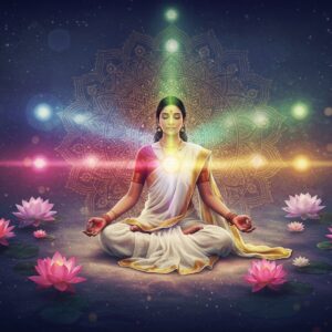 A serene Indian woman in meditation pose, floating in an ethereal space filled with swirling, luminescent energy in shades of deep indigo and gold. Nine distinct streams of colored light (representing the nine rasas) emanate from her heart chakra - red for anger, green for disgust, yellow for fear, blue for peace, orange for heroism, pink for love, white for wonder, purple for laughter, and grey for sorrow. She wears a flowing white silk saree with golden border, adorned with minimal sacred thread and rudraksha beads. Her face radiates inner peace with a subtle smile. Behind her, a large, intricate mandala pattern pulses with sacred geometry in metallic gold and copper tones. Floating lotus flowers in various stages of bloom surround her, each emitting a soft glow. The background features subtle Madhubani-style patterns merging into modern digital art elements. Multiple layers of translucent veils in pastel hues create depth. Scattered light particles and gentle aura effects enhance the spiritual atmosphere. The lighting is ethereal with a combination of cool moonlight and warm golden highlights. Hyperrealistic digital art style with strong attention to detail and texture.