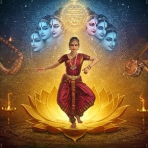 A serene Indian classical dancer in bharatanatyam pose, her form ethereal and semi-transparent, emerging from a cosmic golden lotus. Her expressions embody the nine rasas, depicted through nine subtle faces emerging like a halo behind her in soft pastels (blue, pink, gold). She wears a traditional dance costume in deep maroon and gold with authentic temple jewelry. The background features intricate Madhubani-style concentric mandalas in peacock blue and saffron, with flowing sacred geometric patterns. Swirling energy streams in metallic gold connect the rasas to a central Sri Yantra above the dancer. The scene is illuminated by divine light rays in warm amber tones. Floating musical instruments - veena, mridangam, and flute - appear as subtle translucent forms. The overall composition has a mystical, transcendent quality with layers of spiritual symbolism. Detailed ornate patterns inspired by temple architecture frame the edges. Art style combines hyperrealistic digital rendering with traditional Indian art elements. The atmosphere suggests deep spiritual transformation through artistic expression.