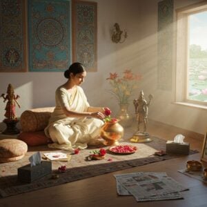 A serene Indian living room scene bathed in soft morning light, where a young Indian woman in a minimal cream cotton saree sits cross-legged on a traditional low wooden seat. She's mindfully arranging flowers in a copper vessel, surrounded by nine distinct areas representing the Navarasa: a peaceful meditation corner with soft cushions (Shanta), a small dancing figurine (Hasya), a love letter and rose (Shringara), a warrior statue (Veera), a tissue box with teardrops (Karuna), a newspaper showing injustice (Raudra), a spider web (Bhayanaka), a waste bin (Bibhatsa), and a surprised expression photo (Adbhuta). The room features clean lines and minimalist decor with Madhubani art panels, brass sculptures, and a large window showing blooming lotus pond. The lighting is ethereal with golden sunbeams creating subtle shadows, while pastel blues and warm golds dominate the color palette. Intricate mandala patterns are subtly etched on the walls, merging traditional motifs with contemporary design. The atmosphere captures both aesthetic sophistication and everyday simplicity.
