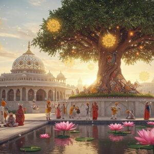 A serene Indian cityscape at dawn, where a grand modern temple with traditional Madhubani-style murals dedicated to Sant Ravidas stands prominently. The temple's dome features intricate gold and peacock blue patterns. In the foreground, a diverse group of Indian people from different social backgrounds gather harmoniously, wearing contemporary clothes with traditional elements. Some are engaged in community service, while others are studying or teaching. A large tree of knowledge with glowing golden leaves spreads its branches across the scene, its trunk decorated with traditional Phad-style artwork depicting Sant Ravidas's teachings. Floating mandalas in soft blues and golds illuminate the scene. Digital screens and modern educational facilities blend seamlessly with traditional architecture. The lighting is warm and optimistic, with rays of sun creating a divine atmosphere. The art style combines hyperrealistic digital rendering with traditional Indian art patterns, emphasizing social unity and progress. Lotus flowers in pastel pink emerge from a modern reflection pool, symbolizing growth and transformation. The scene has a dreamy, ethereal quality with soft light particles floating in the air.