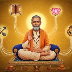 A serene portrait of Sant Ravidas sitting cross-legged on a lotus platform, wearing simple white dhoti and upper cloth, against a luminous golden backdrop. His hands are positioned in chin mudra, radiating divine wisdom. Around him float five iconic symbols: a deer-skin (chamada), cobbler's tools in burnished gold, a lotus flower in full bloom, his signature "Har" symbol, and a mystical water pot. These symbols are interconnected by flowing streams of ethereal light in shades of saffron and deep blue. The background features intricate Madhubani-style patterns with modern minimalist geometric designs. Soft halos of light emanate from each symbol, creating a dreamy, spiritual atmosphere. The scene is framed by delicate mandala patterns in peacock blue and gold. Sant Ravidas's face shows profound peace and compassion, with gentle smile and half-closed eyes in meditation. The lighting is warm and divine, with soft rays descending from above. Art style combines traditional Indian miniature painting techniques with contemporary digital art aesthetics, creating a harmonious blend of ancient and modern elements. The overall composition emphasizes spiritual elevation and social harmony.