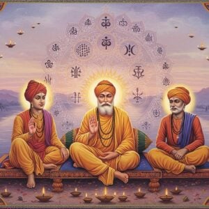 A serene visual composition showing Saint Ravidas in traditional white dhoti and angavastram, seated in padmasana on a raised platform, emanating a soft golden aura. To his right, Guru Nanak Dev Ji in characteristic white attire and turban, and to his left, Kabir in simple weaver's clothing. Behind them, a large intricate mandala in Madhubani style featuring interconnected symbols of various faiths - the lotus, crescent moon, and sun. The background shows a mystical landscape with a flowing river symbolizing the Ganga, with soft ethereal light in shades of dawn (pale pink, lavender, and gold). Sacred texts and scrolls with elaborate Indian patterns float in the air around them. The art style combines hyperrealistic facial features with traditional Indian art elements, incorporating detailed patterns and motifs. The scene is illuminated by multiple floating diyas creating a warm, spiritual atmosphere. The expressions of all three saints reflect deep wisdom and compassion, with their hands positioned in mudras of teaching. Intricate Pattachitra-style border frames the entire scene, featuring symbols of unity and spiritual wisdom.