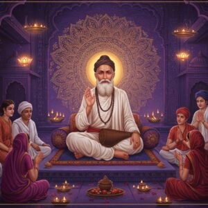 A serene Indian spiritual scene depicting Sant Ravidas, portrayed as a wise elderly man with gentle eyes and white beard, seated in lotus position on a raised platform, wearing simple white dhoti and angavastram. He is surrounded by a mesmerizing golden mandala halo that emanates divine light. His right hand is raised in the teaching mudra while his left holds a leather craftsman's tool, symbolizing his profession. Around him are devotees from different castes and social backgrounds, all dressed in period-appropriate attire, showing the inclusive nature of his teachings. The background features a beautiful blend of Madhubani art patterns in deep indigo and maroon, with intricate lotus motifs and geometric designs. Floating ethereal symbols of equality and devotion appear as glowing orbs in soft golden light. The scene is set in a mystical temple courtyard with traditional Indian architecture, adorned with delicate flower garlands. The lighting is warm and spiritual, creating a dream-like atmosphere with soft purple and golden hues. Photorealistic digital art style with subtle traditional Indian art influences.