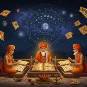 A mystical Indian scene showing three wise astrologers in traditional dhoti and angavastram, seated in a triangular formation on an ornate marble platform. Each represents different regions (North, South, and East) indicated by their distinct traditional attire and tilak styles. They're studying intricate brass panchangams with detailed Sanskrit inscriptions. Above them floats a large, ethereal 3D celestial chart with glowing constellations, planetary positions, and lunar phases rendered in shimmering gold and silver. The background features a massive mandala pattern incorporating zodiac symbols in Madhubani style. Multiple floating calendars in different regional styles orbit around them like cosmic debris. The scene is illuminated by warm golden light from an eclipse occurring in the sky, casting intricate shadows. Decorative elements include brass astronomical instruments, temple architecture details, and flowing celestial patterns. The color palette combines deep indigo, burnished gold, copper, and silver with accents of saffron and vermillion. The art style merges traditional Indian miniature painting techniques with modern digital art, creating a sophisticated, contemporary aesthetic with a spiritual undertone.
