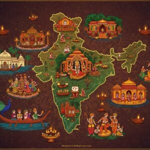 An intricate mandala-shaped map of India rendered in vibrant Madhubani art style, divided into distinct states with each section showcasing miniature celebrations unique to that region. Kerala section shows Onam boat races with flower rangoli, Bengal area depicts Durga Puja pandals with detailed idol, Maharashtra portion illustrates Ganesh Chaturthi processions, Punjab shows Lohri bonfire celebrations, and Gujarat displays Garba dancers. The map is surrounded by a decorative border of interconnected lotuses and peacocks in gold filigree. Floating diyas, twinkling lights, and festival-specific elements emerge from each state, creating a magical, three-dimensional effect. The artwork combines traditional Indian patterns with modern digital lighting effects, featuring a rich color palette of deep maroon, royal blue, saffron, and gold. Soft glowing auras emanate from celebration scenes, while intricate henna-style patterns connect different regions. Background features subtle sacred geometry patterns in pastel hues, creating depth and spiritual ambiance.