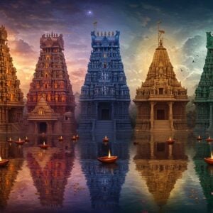 A grand panoramic composition showcasing four distinct Hindu temples representing different regions of India: a towering South Indian Dravidian gopuram with intricate sculptures and golden kalasam, a North Indian Nagara-style temple with curved shikhara and amalaka, an Eastern Indian temple with curved rekha deul and elaborate carvings, and a Western Indian temple with stepped dome and ornate torana. Each temple glows with divine ethereal light in different hues - saffron, deep blue, rose gold, and emerald. The scene is set against a mystical twilight sky with soft clouds and floating lotus petals. Ornate mandalas hover behind each temple in corresponding colors. The foreground features a reflective pool with floating diyas creating mirror reflections. Traditional Madhubani-style peacocks and sacred geometric patterns frame the corners. Hyperrealistic architectural details blend with surreal lighting effects. The color palette includes rich jewel tones of maroon, peacock blue, saffron, and gold with hints of pastel pink and lavender in the sky. Photorealistic textures on stone surfaces with specks of gold.