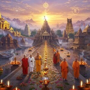 A grand panoramic view of India's most iconic temples merging into one ethereal landscape - the golden Vaishno Devi temple nestled in misty Himalayan peaks, flowing into the sun-kissed white marble domes of Tirupati Balaji, transitioning into the ancient stone carvings of Khajuraho temples, and the majestic Meenakshi Temple's colorful gopurams. The scene is illuminated by hundreds of floating diyas creating golden light trails across the composition. In the foreground, a group of diverse Indian pilgrims in traditional attire - an elderly couple in white, a young family with children, and sadhus in saffron robes - walking on a path made of intricate mandala patterns. The path is lined with blooming lotus flowers and sacred symbols. The sky features a magical sunset with soft pastel purples and oranges, with subtle spiritual symbols like Om and Swastika formed in the clouds. The scene combines photorealistic architectural details with ethereal Madhubani-style patterns in the background. Multiple sacred rivers flow through the scene, their waters sparkling with divine light. The atmosphere is serene and mystical, with incense smoke creating delicate swirls in the air, and peacocks perched on temple spires. Art style is a fusion of hyperrealistic digital art with traditional Indian painting techniques, emphasizing rich colors like deep blues, saffron, and gold.