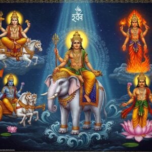 A majestic celestial scene depicting the main Rigvedic deities arranged in a divine hierarchy: Indra in the center, riding his white Airavata elephant, wielding his golden vajra in his right hand, dressed in golden armor with a celestial crown. To his right, Agni manifests as a divine being emerging from sacred flames, with two heads, seven tongues of fire, and red-golden skin. To his left, Surya radiates brilliant golden light, riding his seven-horse chariot across a cosmic sky. Below, Vayu appears as a dynamic figure with flowing robes, surrounded by swirling wind patterns. Above, Varuna sits on a celestial throne made of cosmic waters, holding his pasha (noose) and riding the Makara. The background features intricate Madhubani-style patterns in deep indigo and gold, with sacred geometric mandalas. The scene is illuminated by ethereal light, creating a dramatic interplay of light and shadow. The color palette includes deep cosmic blues, celestial golds, sacred saffron, and divine white. Floating lotus flowers, vedic symbols, and subtle Sanskrit-inspired patterns adorn the borders. The art style merges traditional Indian iconography with modern digital fantasy art techniques, creating a photorealistic yet mystical atmosphere.
