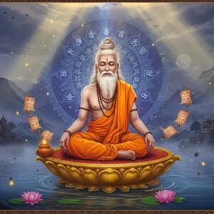 A serene elderly sage with silver-white matted hair and beard, wearing saffron-colored traditional dhoti, seated in padmasana on a golden lotus platform floating above tranquil waters. He radiates divine light, with a soft golden aura surrounding him. His eyes are closed in deep meditation, with the sacred thread across his chest. Behind him, a large intricate mandala featuring the symbols of the Saptarishi constellation glows in deep blue and gold. The background shows a mystical Himalayan landscape with ancient temples emerging from morning mist. Sacred texts and scrolls float around him, emanating subtle light. In the foreground, seven small lotuses represent his seven mind-born sons. The scene incorporates traditional Madhubani patterns in the borders, with peacock blue and deep maroon accents. The lighting is ethereal, with rays of sunlight breaking through clouds, creating a divine atmosphere. Fireflies and small orbs of light dance around the sage, suggesting his spiritual energy. The art style merges photorealistic details with traditional Indian art elements, maintaining a modern digital aesthetic with rich textures and sophisticated lighting effects.