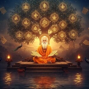 A serene elderly Indian sage with a luminous aura, seated in padmasana on an intricately carved stone platform adorned with Vedic symbols. His flowing white beard and hair catch the golden light of dawn, wearing traditional saffron robes with detailed Madhubani-style border patterns. In his hands, he holds ancient palm leaf manuscripts with Sanskrit writings. Behind him, a massive cosmic tree of knowledge emerges, its branches forming interconnected mandalas containing symbolic representations of the Purva Mimamsa philosophy. The tree's leaves are made of shimmering golden light particles. The background features a mystical library with floating scrolls and sacred texts in warm, ethereal lighting. Multiple translucent layers of geometric patterns inspired by traditional Indian architecture float in the space. The scene is set in rich, deep colors - maroon, deep blue, and gold, with soft glowing highlights. Crystal-clear peaceful water reflects the entire scene below, creating perfect symmetry. Small flames of knowledge float around the sage, with peacocks perched on the tree branches. Hyperrealistic digital art style with spiritual and surreal elements.