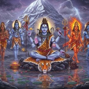 A mystical scene depicting eleven distinct forms of Rudra emanating from Lord Shiva's cosmic form, arranged in a sacred geometric mandala pattern. Central Shiva figure in deep meditation pose, ash-covered skin, matted locks with crescent moon, third eye glowing, cobra around neck. Each Rudra form radiates different cosmic energies - fiery red, deep blue, electric white, cosmic purple. They wear tiger skins, hold various weapons (trishul, damaru, serpents, bow-arrow). Background shows Mount Kailash with swirling cosmic storms, lightning strikes, celestial fires. Sacred Sanskrit symbols float ethereally. Foreground shows crystal-clear lake reflecting the entire scene. Art style combines traditional Thanjavur painting techniques with modern digital art, featuring metallic gold accents, gem-like colors, and dramatic lighting effects. Strong emphasis on intricate details in jewelry, weapons, and facial features. Atmosphere is intense yet transcendental, with smoke, divine light beams, and floating rudraksha beads creating depth. Scene rendered in ultra-detailed digital art style maintaining traditional Hindu iconography.