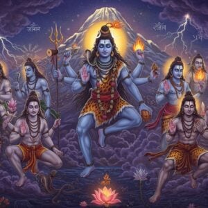 A majestic scene depicting eleven powerful Rudras in dynamic poses, emerging from swirling cosmic smoke against a deep indigo background. Each Rudra has three eyes glowing with divine light, matted hair with crescent moons, wearing tiger skins and rudraksha malas. Their skin has a blue-gray hue with sacred ash markings. In the center, a larger manifestation of Shiva as Rudra, four-armed, holding trishul, damaru, fire, and blessing mudra. Sacred river Ganga flows from his hair. Multiple cosmic layers visible with intricate mandalas and Sanskrit symbols floating ethereally. Lightning strikes and streams of fire weave through the composition. The background features Mount Kailash rendered in golden light. Stylized clouds in deep purples and blues swirl around them. The scene combines traditional Thanjavur art style with modern digital art techniques, featuring metallic gold accents and dramatic lighting. The atmosphere is intense and divine, with small details like serpents, scorpions, and celestial flowers completing the cosmic theme.