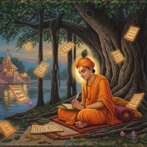 A serene portrait of Rupa Goswami seated in padmasana under a magnificent ancient banyan tree at Vrindavan, wearing saffron-colored traditional dhoti and upper cloth with tilak on his forehead. He is writing Sanskrit verses on palm leaves with a quill pen, surrounded by his spiritual manuscripts. The scene is illuminated by soft, ethereal golden light filtering through the tree branches. In the background, the sacred Yamuna river flows with gentle ripples reflecting moonlight. Floating spiritual manuscripts with intricate Madhubani-style borders emanate a subtle glow around him. The environment features detailed elements of traditional Vrindavan architecture, including ornate temples with intricate carvings. Mystical peacock blue and gold auras surround the scene, with delicate lotus flowers and spiritual symbols floating in the air. The art style combines hyperrealistic digital painting with traditional Indian Pattachitra patterns, creating a harmonious blend of ancient and modern aesthetics. The lighting emphasizes the divine atmosphere with soft glows and spiritual ambiance. --ar 16:9 --style raw --v 5.2