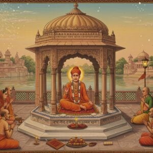 A serene stone samadhi shrine with intricate Mughal-Bengali architectural details, adorned with delicate lotus carvings and Sanskrit inscriptions, glowing in soft golden morning light. In the foreground, a detailed representation of Rupa Goswami in traditional Vaishnava dress with tilak mark, seated in meditation pose on a marble platform, surrounded by illuminated manuscripts of Bhakti literature. The background features the historic Vrindavan landscape with the Yamuna River flowing peacefully, ancient temples, and flowering kadamba trees. Ethereal particles of spiritual light float in the air, creating a mystical atmosphere. The color palette combines deep ochres, sacred saffron, and peaceful blues, rendered in a fusion of traditional Rajasthani miniature painting style and modern digital art. Devotees in traditional Indian attire offering respect with folded hands, their faces showing deep reverence. Mandala patterns and peacock feather motifs frame the scene, while subtle rays of divine light emanate from the samadhi structure.