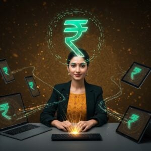 A modern, sleek Indian woman in business attire sitting at a minimalist desk with a holographic rupee symbol (₹) floating above her workspace, glowing in deep saffron and emerald green colors. Multiple devices surround her - a sleek laptop, smartphone, and tablet, each displaying the rupee symbol in different styles. The background features a geometric Madhubani-inspired pattern in muted gold and navy blue. Floating keyboards with ethereal light trails emerge from each device, creating a dynamic flow towards the central rupee symbol. The scene is illuminated by soft ambient lighting with subtle lotus motifs in the corners. The color palette combines traditional Indian colors (saffron, deep blue) with modern tech aesthetics (neon glows, metallic finishes). The woman's expression is confident and welcoming, with traditional bindi and minimal gold jewelry. Hyperrealistic digital art style with subtle sacred geometry patterns integrated into the tech elements.