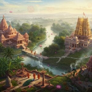 A serene aerial view of two interconnected Indian ashrams nestled in lush greenery, rendered in a blend of traditional Madhubani and modern digital art style. The left ashram (Shantivanam) features a distinctive church-temple fusion architecture with crosses and Om symbols, surrounded by tall palm trees and banana groves. The right ashram (Mysore) showcases traditional South Indian temple architecture with golden spires. A meandering river connects both ashrams, with soft golden light reflecting off its surface. Small groups of pilgrims in ochre robes can be seen walking meditation paths. The scene is adorned with floating lotus flowers, glowing mandalas, and ethereal light patterns in soft pastel blues and golds. Incense smoke swirls create mystical patterns in the air. The foreground shows a meditation garden with peacocks and traditional stone sculptures. The lighting is dream-like and spiritual, with a gentle morning mist adding depth. Art style combines hyperrealistic architectural details with ethereal spiritual elements, rendered in deep maroons, saffron, and peacock blue colors.