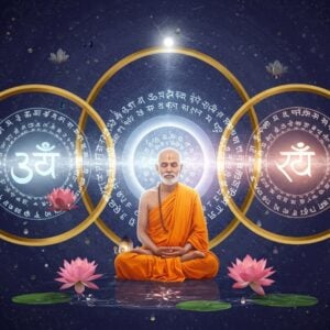 A serene cosmic scene showing three interconnected golden rings forming a sacred trinity against a deep indigo backdrop. Each ring emanates distinct divine energy - the first ring glows with pure white light representing Sat (existence), the second ring radiates vibrant consciousness-blue representing Cit (consciousness), and the third ring emanates blissful rose-gold representing Ananda (bliss). At the center, a meditating Indian sage in padmasana with ethereal translucent skin, wearing saffron robes, surrounded by swirling Sanskrit mantras made of golden light. Multiple lotus flowers in various stages of blooming float around, with water droplets caught in eternal suspension. The background features intricate Madhubani-style patterns in gold and copper. Soft orbs of light dance around the composition while subtle mandalas appear and dissolve in the space. The overall scene is rendered in a digital art style that combines photorealistic elements with spiritual surrealism, featuring a color palette of deep blues, metallic golds, soft whites, and gentle rose hues. The lighting creates a divine glow that emanates from the center outwards.