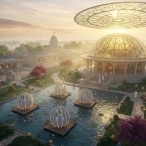 A serene aerial view of a modern Indian ashram complex nestled in lush greenery, featuring traditional temple architecture blended with sustainable design elements, glass domes reflecting golden sunlight. The central meditation hall showcases a massive mandala-patterned glass ceiling with soft light streaming through. Multiple lotus-shaped meditation pods float on a crystal-clear reflecting pool. Indian devotees in white attire walking through zen gardens with blooming lotus flowers. The scene includes modern amenities like solar panels seamlessly integrated into traditional Indian architectural elements. Ethereal mist surrounds the complex, with soft pastel sunrise colors (pink, lavender, and gold) in the sky. Intricate Madhubani-style patterns decorate the walkways and walls. The atmosphere combines spiritual tranquility with contemporary luxury, featuring subtle glowing lights and floating diyas on water. The architectural style merges traditional Hindu temple elements with sleek, eco-friendly materials. Photorealistic rendering with dramatic lighting and atmospheric depth, 8k resolution, architectural visualization quality.