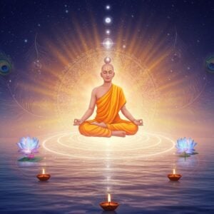 A serene Indian yogi in lotus position floating above a tranquil cosmic ocean, meditating within three concentric, luminous mandala rings representing Sat (golden), Chit (silver), and Ananda (crystal blue). The yogi radiates a soft, ethereal glow, wearing traditional saffron robes with intricate Madhubani-style patterns. Around him, sacred geometric patterns blend with flowing energy streams in pastel hues of sunrise orange, dawn pink, and celestial blue. Three lotus flowers at different stages of bloom float nearby, symbolizing the three aspects. The background features a gradient from deep indigo to soft gold, with subtle traditional Indian motifs and delicate light particles ascending like stars. The scene is framed by stylized peacock feathers and cosmic swirls, creating a harmonious fusion of traditional Indian art and modern digital aesthetics. The lighting emphasizes the spiritual atmosphere with a combination of warm golden rays and cool, ethereal highlights. Multiple layers of translucent mandalas create depth and dimension, while small floating diyas cast a warm, spiritual glow across the scene.
