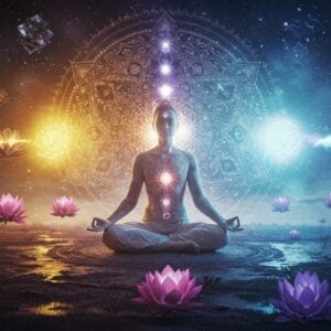 A serene Indian yogi in lotus position floating in ethereal space, their body emanating three distinct auras - a golden light representing Sat (existence), a pure white light for Chit (consciousness), and a soft blue glow for Ananda (bliss). The figure wears modern, flowing white yoga attire with traditional Indian design elements. Behind them, a large, intricately detailed Mandala pattern morphs between ancient Vedic geometric patterns and futuristic holographic projections. The background features a cosmic landscape with subtle representations of the three states - crystalline structures (Sat), floating orbs of light (Chit), and flowing waves of energy (Ananda). Floating lotus flowers in various stages of bloom surround the scene, each petal containing shimmering sacred geometry patterns. The lighting is dramatic yet soft, with golden hour warmth meeting cosmic blues and purples. Modern meditation technology devices with soft holographic displays float discretely in the corners. The overall composition blends Madhubani art patterns with digital art aesthetics, creating a bridge between ancient wisdom and future practices. Hyperrealistic rendering with a touch of spiritual surrealism.