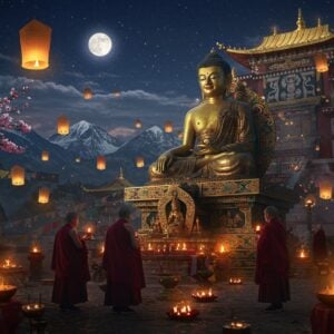 A serene night scene at a grand Buddhist monastery in India, illuminated by thousands of floating paper lanterns and butter lamps creating a golden glow. In the foreground, three Buddhist monks in deep maroon robes perform a ceremonial ritual around a massive bronze Buddha statue in Dhyana mudra. The Buddha statue sits on an intricately carved lotus throne with traditional Buddhist symbols. Surrounding them are colorful prayer flags fluttering in the wind, creating flowing lines of red, blue, yellow, white, and green. The background features snow-capped Himalayan peaks under a star-filled sky with a full moon. Delicate cherry blossoms fall gently through the scene, while burning incense creates mystical swirls of smoke. The monastery architecture shows detailed Tibetan-Buddhist style with golden roofs and painted mandalas. The overall composition combines digital art techniques with traditional Thangka painting style, emphasizing rich colors, particularly deep maroons, royal blues, and warm golds. The lighting creates a magical atmosphere with soft glows and subtle highlights on the ceremonial objects and architecture. The scene captures both the festive and spiritual aspects of Buddhist celebrations.