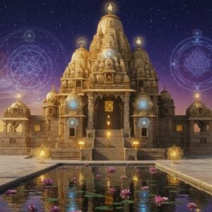 A grand, ethereal visualization of a traditional Hindu temple ascending towards the cosmos, rendered in golden sacred geometry patterns. The temple's structure transforms from solid stone at the base into intricate geometric mandalas and Sri Yantra patterns as it rises. Multiple fractals and golden ratio spirals in luminescent blue and gold interweave through the architecture. The scene features floating crystal merkaba shapes, perfect symmetrical patterns, and concentric circles representing the cosmic order. The foreground shows an ornate marble courtyard with a perfect reflection pool, creating mirror symmetry. Delicate lotus flowers float in the water, their petals following the Fibonacci sequence. The background sky transitions from deep indigo to cosmic purple, with constellation patterns forming yantra designs. Soft glowing orbs of light in saffron and white hover around the temple spires. The entire scene is rendered in a style blending traditional Vastu sacred geometry with modern digital art techniques, featuring rich textures, subtle light rays, and a mystical atmosphere. Photorealistic details meet sacred Indian architectural elements, with precise geometric patterns and golden proportions throughout.