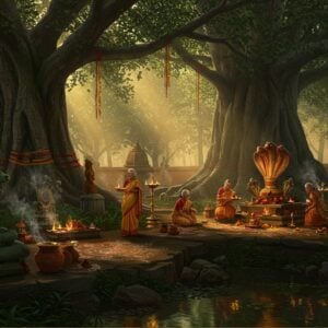 A mystical ancient sacred grove in South India at twilight, dense with massive banyan and peepal trees adorned with traditional red and yellow threads. Illuminated stone serpent idols (nagakals) and terracotta offering vessels at the base of trees. Several elderly Tamil women in traditional 9-yard sarees performing ancestral rituals with brass lamps and flower offerings. The scene features ethereal golden light filtering through the canopy, creating dramatic god rays. Small shrines with traditional Dravidian architecture visible in the background. Intricate kolam patterns made with rice flour decorate the earthen floor. Smoke from ceremonial camphor and incense creates a mystical atmosphere. The art style combines hyperrealistic digital painting with traditional Thanjavur art elements, featuring deep greens, burnt orange, and gold color palette. The lighting emphasizes spiritual ambiance with soft glows around the ritual areas. Small water bodies reflect the golden light, creating mirror-like surfaces. Delicate pattern work inspired by ancient Tamil temple architecture frames the scene.