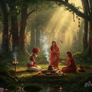 A mystical ancient grove in central India at dawn, with towering sacred banyan trees adorned with traditional red and saffron threads and bells. Rays of golden sunlight filter through the dense canopy, creating ethereal light patterns. In the foreground, three tribal elders (two men, one woman) in traditional Warli attire perform a sacred ritual around a carved stone altar decorated with marigolds and vermillion. Small earthen oil lamps illuminate their weathered faces. The woman holds a copper vessel with burning medicinal herbs, creating wisps of bluish smoke. Traditional tribal art patterns in white appear as ghostly overlays in the air. The scene features rich, deep forest greens contrasted with warm golds and earthy browns. Small streams of water flow around sacred stones covered in moss. Delicate butterflies in metallic colors hover near fresh jasmine flowers. The art style combines hyperrealistic digital painting with traditional Warli and Madhubani patterns, creating a seamless blend of ancient and modern aesthetics. Soft bokeh effects and particle systems suggest spiritual energy throughout the scene.