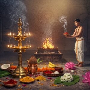 A serene scene depicting a traditional Hindu ritual at dawn, featuring a young Indian priest in pristine white dhoti performing aarti at an ornate marble temple entrance. A large, intricately detailed brass lamp with multiple tiers emanates golden light, creating a luminous halo effect. Smoke from sacred yajna fire rises in artistic swirls, merging with ethereal light beams. In the background, a massive mandala pattern glows in soft saffron and gold. The foreground shows carefully arranged ritual items: copper kalash with mango leaves and coconut, vermillion kumkum, yellow turmeric powder, white jasmine flowers, and banana leaves, all styled in Madhubani art pattern. Crystal-clear water droplets from a copper spoon catch morning light, creating rainbow prisms. The scene incorporates floating lotus flowers in rich pink and white, with detailed Pattachitra-style border patterns. The atmosphere is mystical with soft morning mist, enhanced by glowing diyas and scattered marigold petals. The color palette focuses on deep maroons, burnished golds, and peaceful blues, with hyperrealistic lighting effects highlighting the sacred elements.